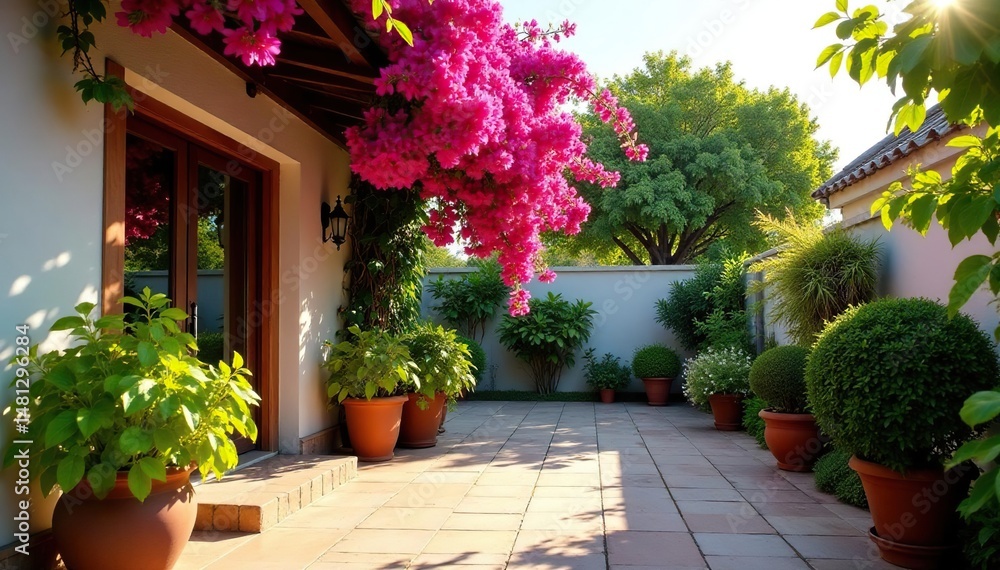 Naklejka premium Sun-drenched patio, vibrant bougainvillea, terracotta pots, fountain, plants