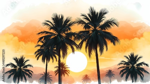 Watercolor tropical sunset with space for text center