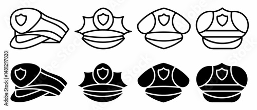 Police hat. Vector collection of police hat icon illustrations. Black icon design.