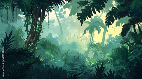 Fototapeta Naklejka Na Ścianę i Meble -  Lush tropical forest scene with vibrant foliage.