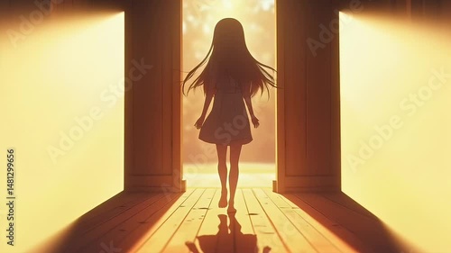 Girl walking through sunlit interior