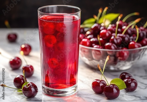 Wallpaper Mural Close-up of a glass filled with bright red cherry juice surrounded by fresh cherries on a light marble surface conveying freshness and natural vibrancy Torontodigital.ca