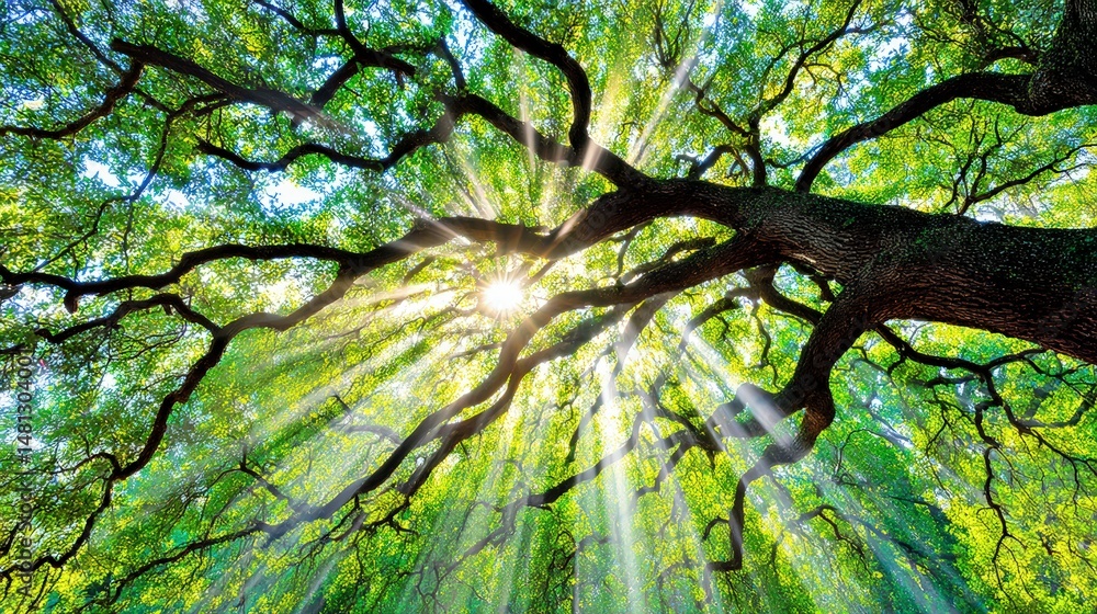 Fototapeta premium Sunlight Through Lush Green Tree Canopy