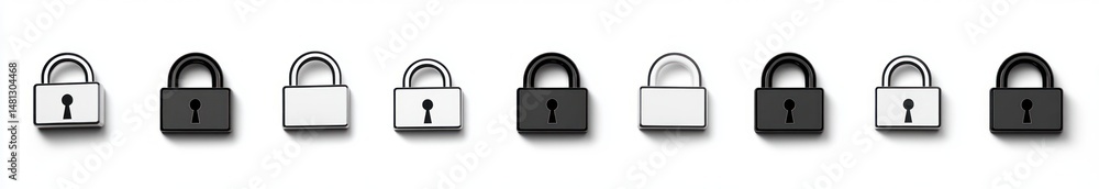Row of alternating black and white padlocks with shadows on a white background symbolizing security and protection Row of alternating black and white padlocks with shadows on a white background symbolizing security and protection