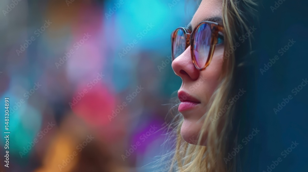 Young Person In Eyeglasses Outdoors Profile View Young Person In Eyeglasses Outdoors Profile View