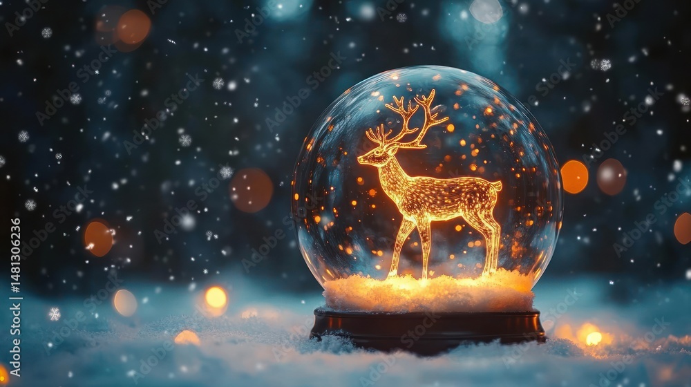 Naklejka premium Glowing reindeer figure inside a snow globe with falling snowflakes and warm bokeh lights creating a magical winter scene
