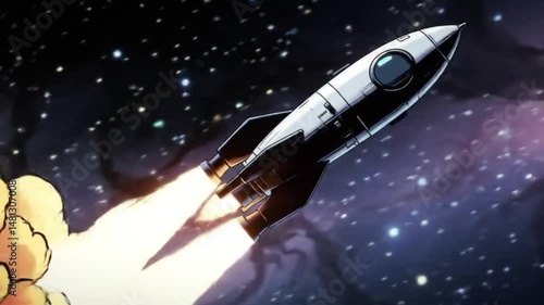 A cartoon rocket ship blasting off into space with flames and stars in the background