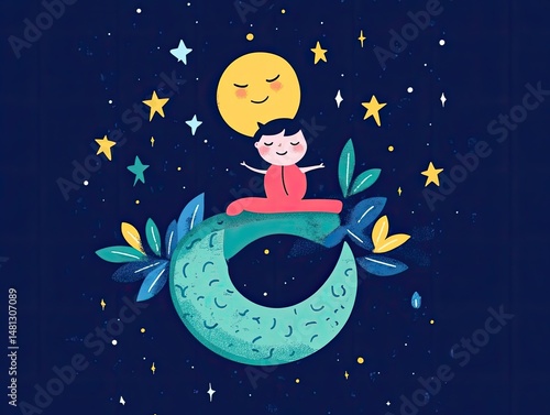 Child nestled on a crescent moon, bathed in starry night.