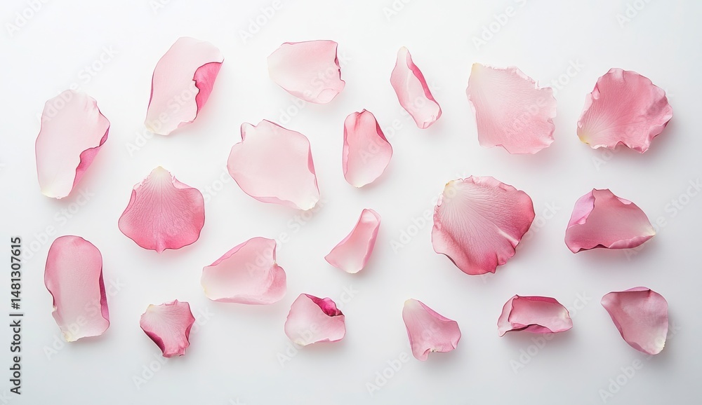 Fototapeta premium Pink Rose Petals Scattered On White Background