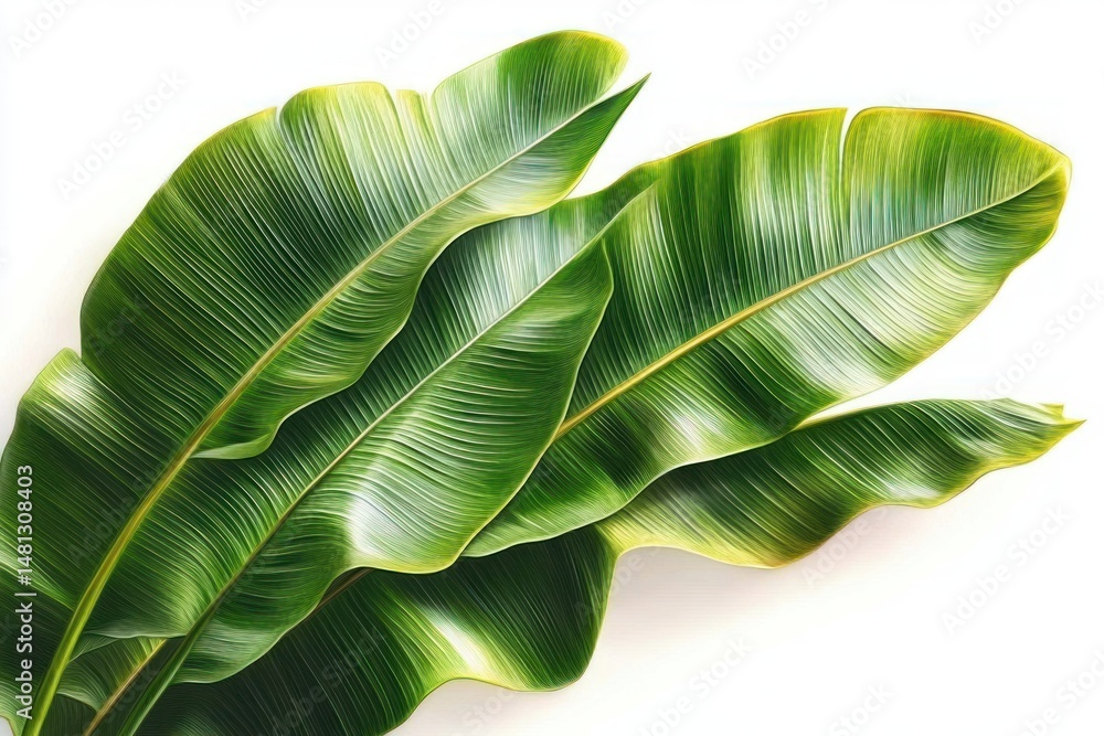 Obraz premium Close-up of large, vibrant green tropical leaves with visible veins on a white background, showcasing natural texture and freshness