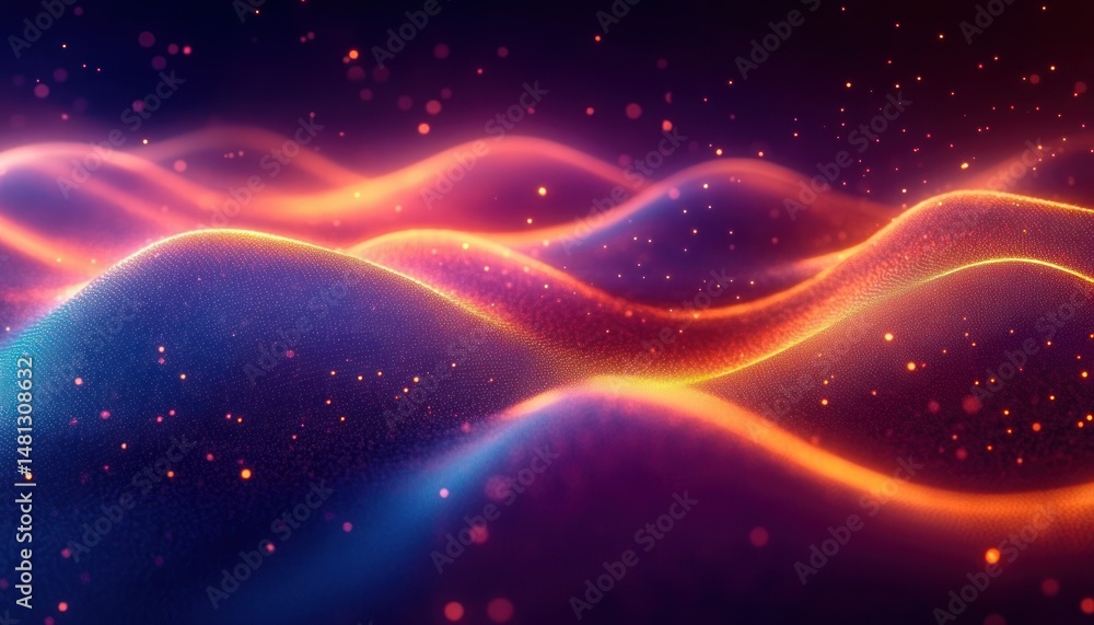 Obraz premium Abstract glowing wave-like structures with vibrant orange and purple colors creating a dynamic and futuristic visual effect with scattered glowing particles