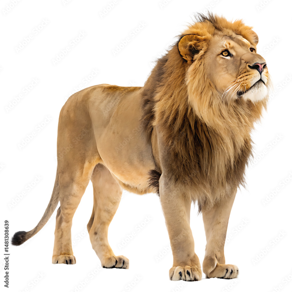 Fototapeta premium Majestic male lion standing proudly with detailed mane against isolated on white background