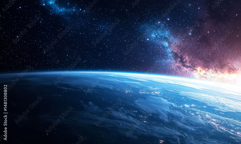 Obraz premium Stunning view of Earth from deep space at sunrise.