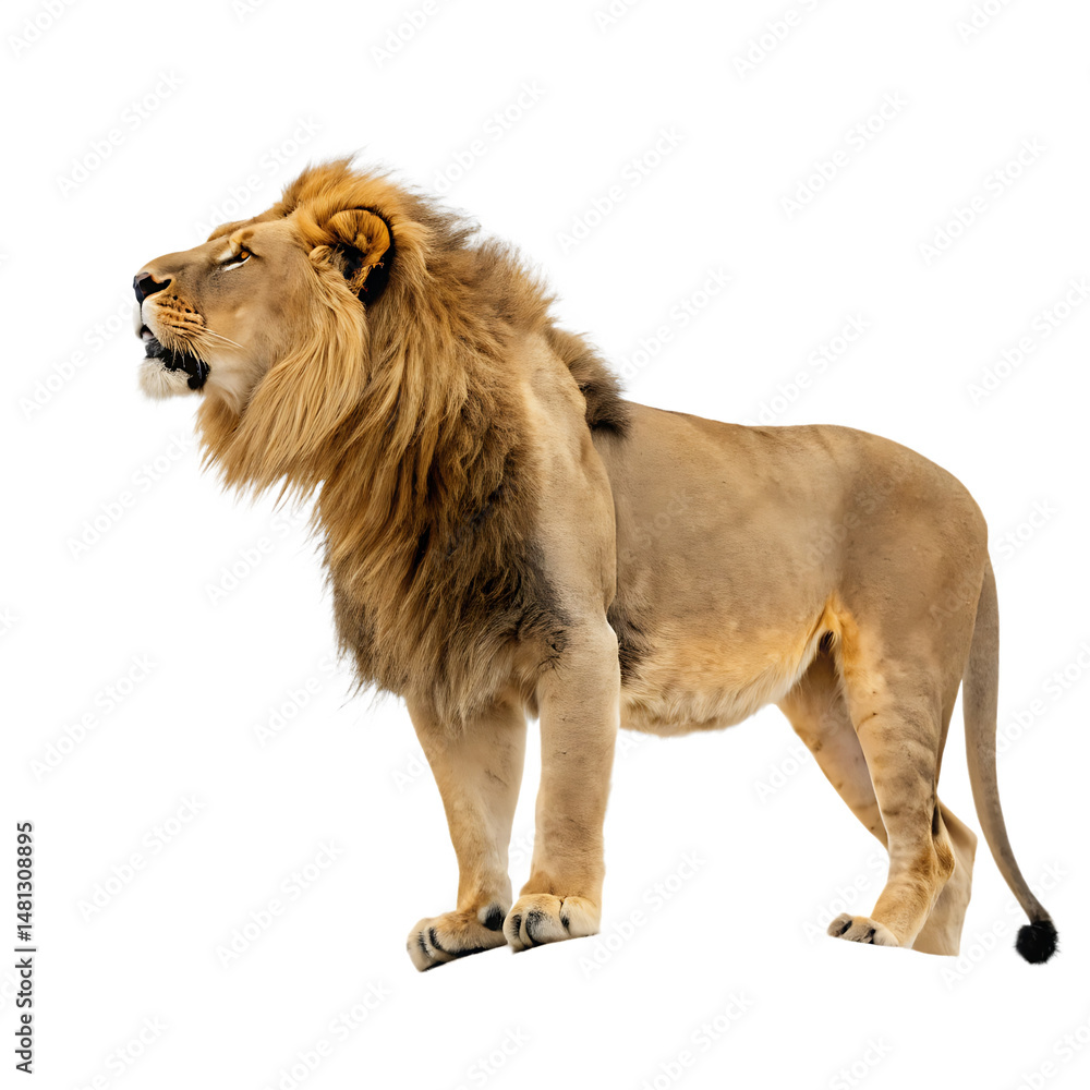Fototapeta premium Majestic african lion standing proudly against an isolated on white background