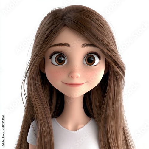Portrait Of A Cute Cartoon Girl With Brown Hair And Freckles