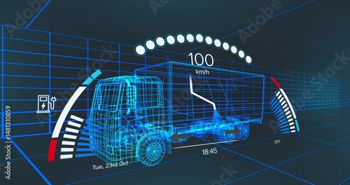 Wireframe cargo truck rotating within dark blue 3D grid space, showing gauges, icons, data readouts