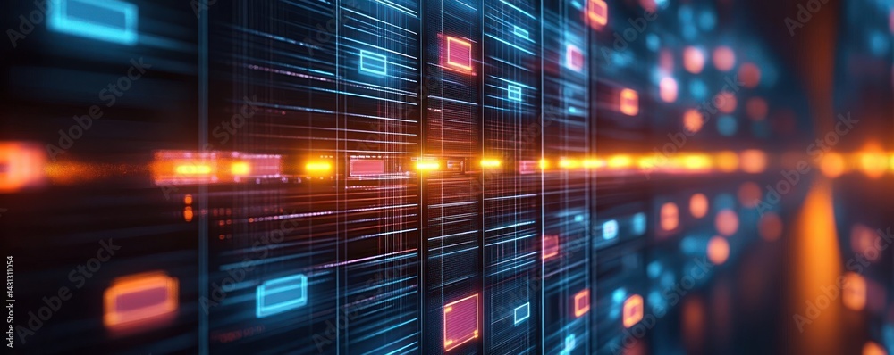 Futuristic digital data center with glowing blue and orange light panels and horizontal light streaks creating a sense of motion and advanced technology Futuristic digital data center with glowing blue and orange light panels and horizontal light streaks creating a sense of motion and advanced technology