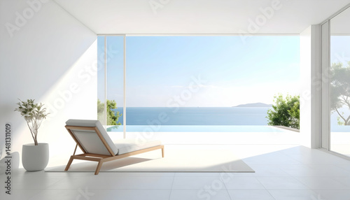 Bright Sunny Interior with White Walls Deckchair and Seaview in Minimalist Modern Home Architecture with Distracting Spot on the White Floor