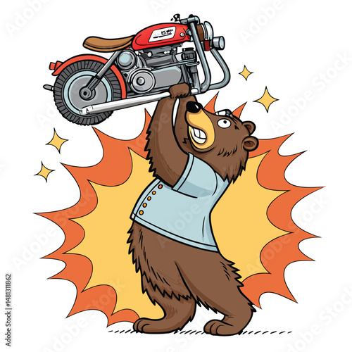 A cartoon grizzly bear powerfully lifts a motorcycle engine overhead, muscles bulging; humorous, exaggerated style.