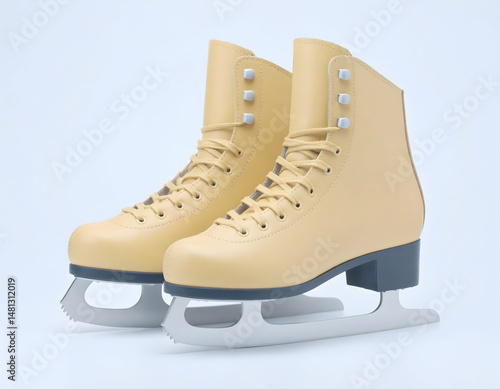 Bright Yellow Figure Skates with Metal Blades and Light Tan Laces on a White Background in a Studio Setting