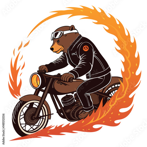 A tough biker bear, wearing a leather jacket and helmet, rides a powerful motorcycle.  Render in realistic detail.