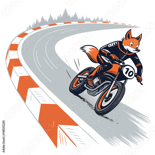 A cool fox biker drifting a motorcycle at high speed on a race track, dynamic speed lines, vibrant colors, anime style.