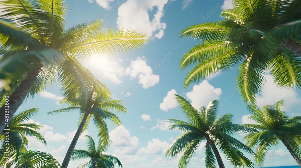 Fototapeta premium Lush tropical palms against a vibrant sky.