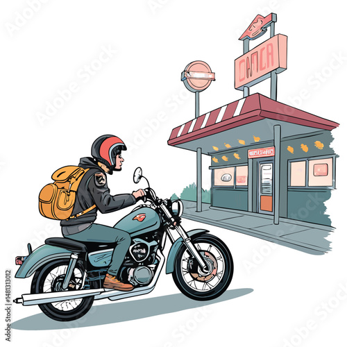 A lone biker, wearing a helmet and backpack, takes a break on a scenic roadside, leaning against their motorcycle.  The road curves gently into the distance.