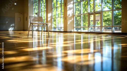 Wallpaper Mural Sunlight streams across polished wood floors in a spacious hall. Torontodigital.ca