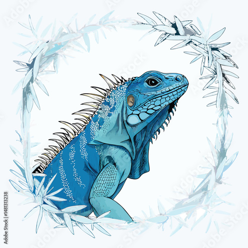 A vibrant blue iguana, adorned with icy crystalline spikes, encased within a translucent frost crystal, detailed scales, cold environment.