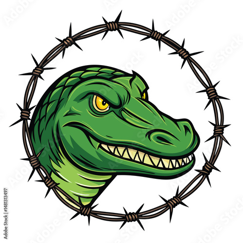 A striking, vibrant street art mural depicting a bold alligator head bursting forth from a cracked urban wall, showcasing graffiti and texture.