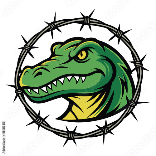 A daring, vibrant street art depiction of an alligator head bursting dramatically from a cracked concrete wall, showcasing bold colors and textures.