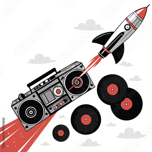A retro boombox-shaped rocket blasting off, launching vinyl records into space; vibrant, colorful, sci-fi art style.