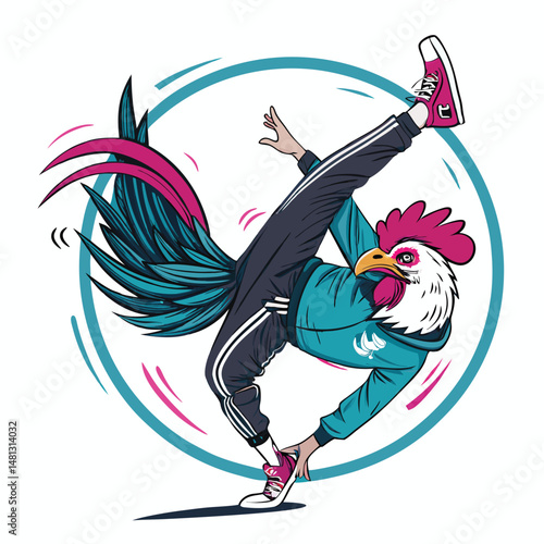 A comical illustration of a chicken breakdancer, frozen mid-spin within a brightly lit refrigerator, showcasing dynamic movement and absurd humor.