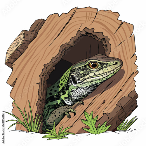 A perfectly camouflaged lizard, partially concealed within a cracked, weathered stone wall, its scales blending seamlessly with the texture.