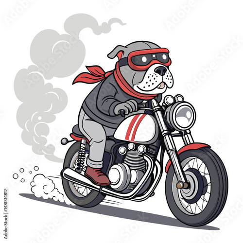 A cartoon bulldog, wearing aviator goggles, fiercely grips the handlebars of a classic chopper motorcycle, speeding down a dusty road.