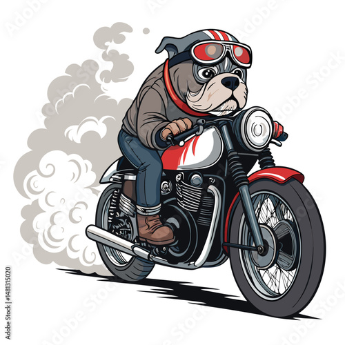 A cartoon bulldog, sporting biker goggles, grips the handlebars of a customized chopper motorcycle, roaring down a dusty road.