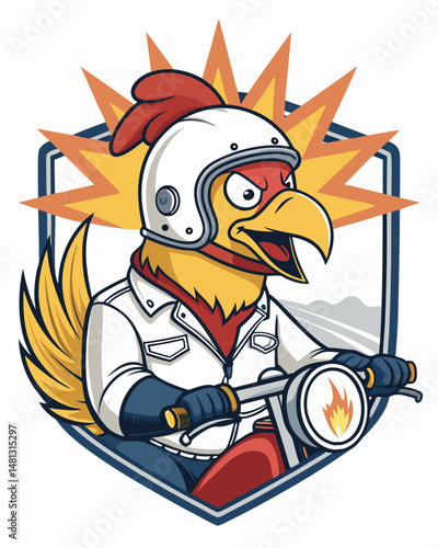 A cartoon chicken wearing a motorcycle helmet, riding a customized chopper motorcycle,  set against a vibrant sunset backdrop.
