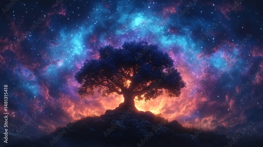 Fototapeta premium Tree Silhouette Against Nebula Sky at Dusk