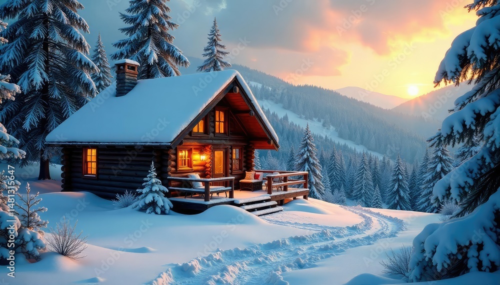 Fototapeta premium Cozy winter cabin scene with snow-covered trees and warm lighting , cabin, retreat