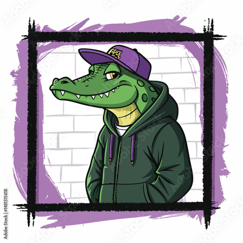 A cartoon crocodile wearing a hoodie and baseball cap chilling inside a grey graffiti-covered garbage bin.