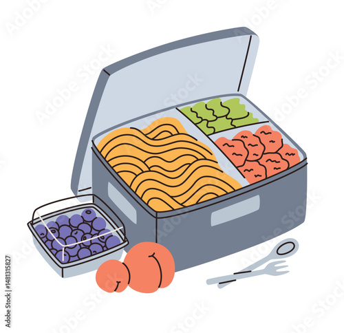 Lunch Box with healthy food. Spaghetti, greens, fruits, berries. Flat vector illustration.
