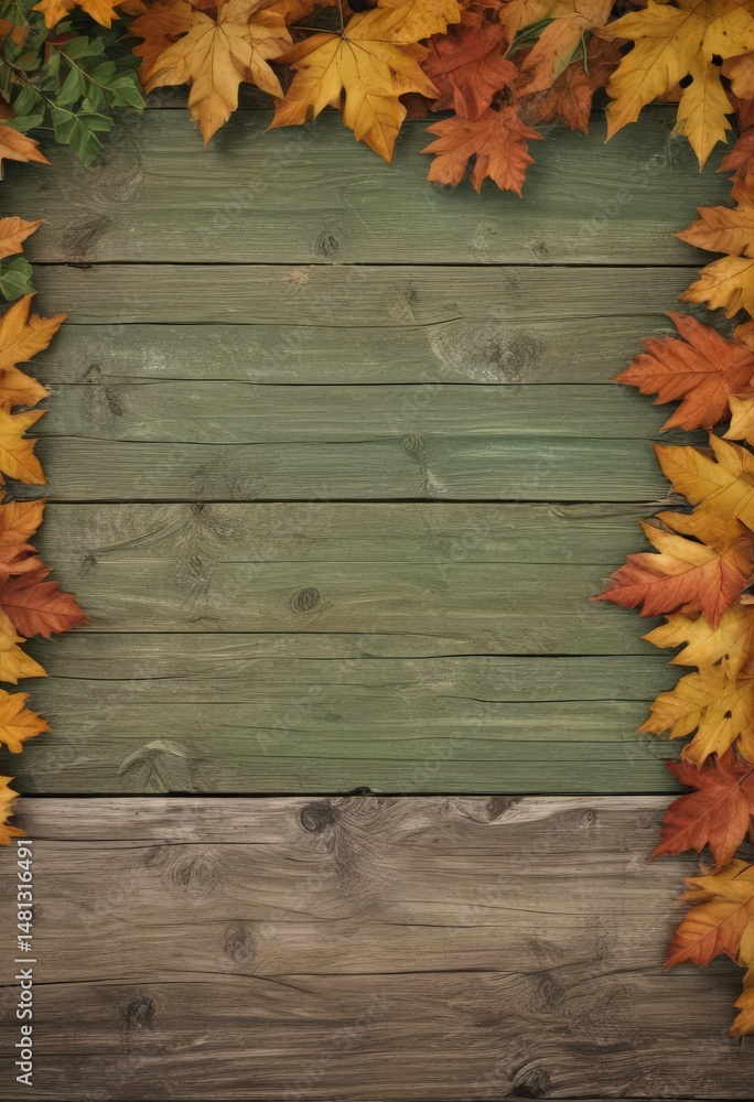 Obraz premium Rustic fall leaves border on log, blank green wood sign , aged, template, fall