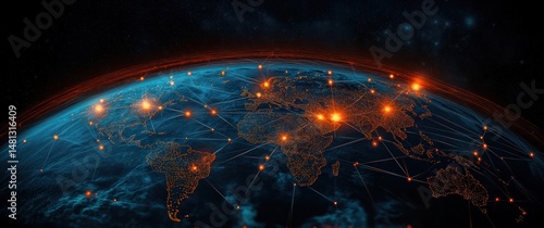 Digital global connectivity map showing illuminated points and lines representing data flow and communication networks across continents on Earth at night