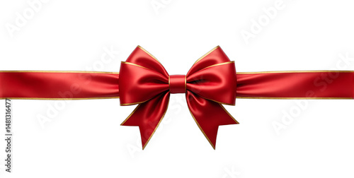 Luxurious red ribbon bow with gold border, glossy and detailed, isolated on transparent background. Perfect for Christmas, Valentine's, birthdays, gifts, sales, and festive designs.