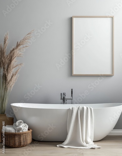 A serene bathroom featuring a freestanding tub. minimalist decor with natural elements. soft lighting casting shadows. and a cozy atmosphere ideal for relaxation