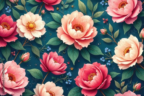 Elegant floral pattern illustration, perfect for textile design and wallpaper Soft colors, intricate details , retro, print, flower illustration