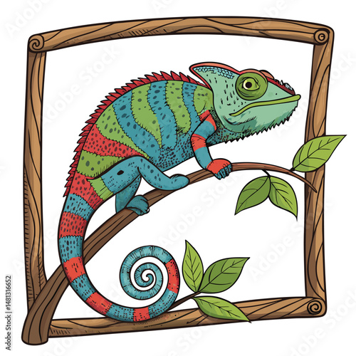 A whimsical cartoon chameleon, vibrant green, sits perched atop a playfully twisted, lacy beige bra,  creating a humorous, unexpected juxtaposition.