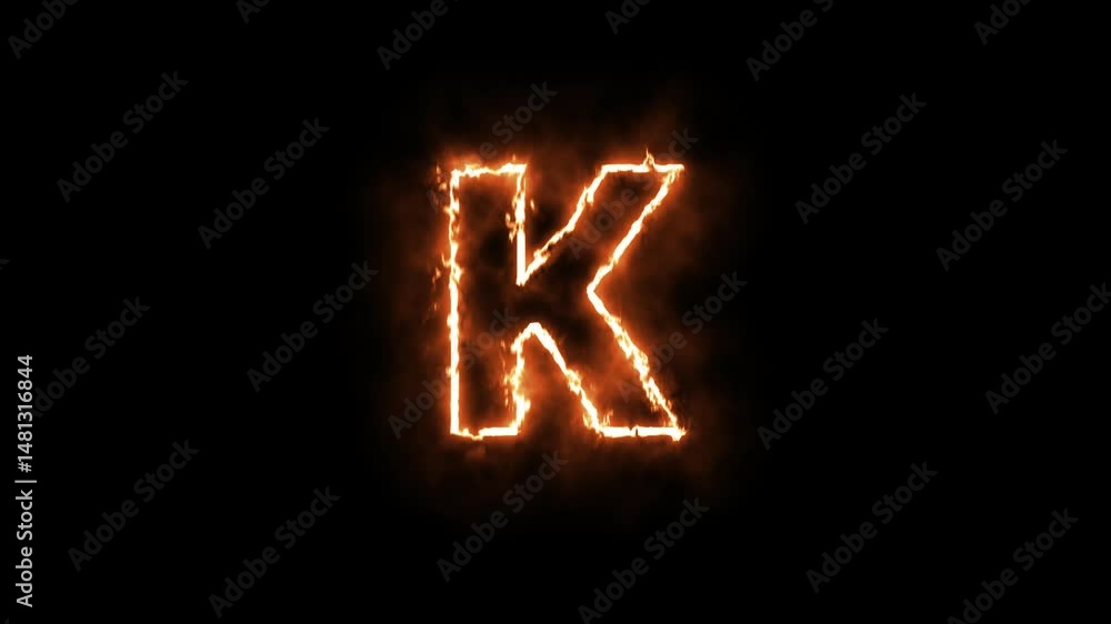 Animated Flaming letter 'K' in transparent background, with alpha channel