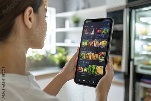Woman uses smart refrigerator app to view inventory.